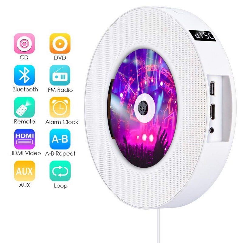 Lettore DVD portatile con Uscita HDMI 1080P, montaggio A parete Lettore CD con Telecomando di Controllo per la Casa costruito-in Altoparlanti HiFi FM Radi