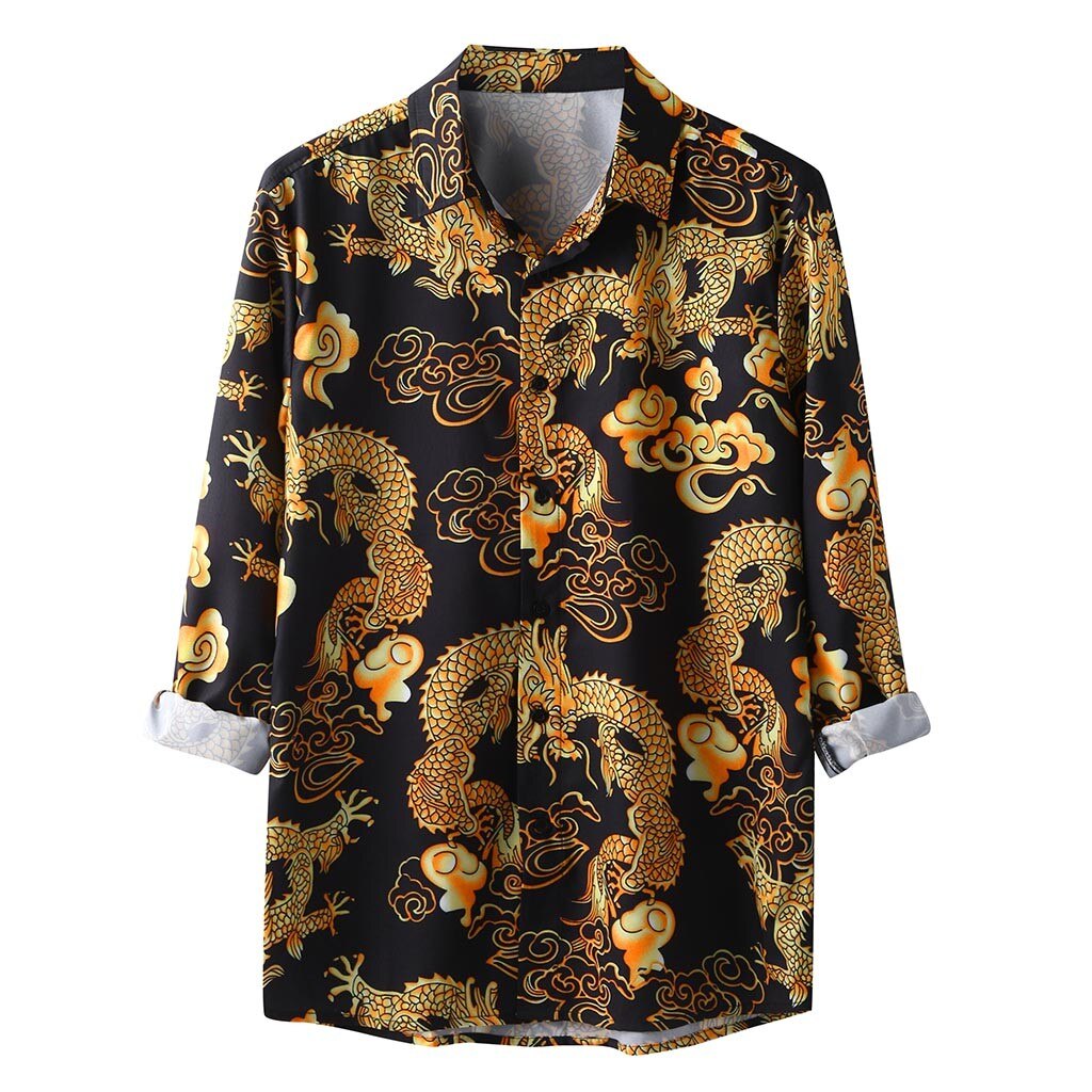 Feitong Dragon Printed Hawaiian Shirt Mens Summer Autumn Loose Turn-down Neck Long Sleeve Shirt Blouse Tops Male