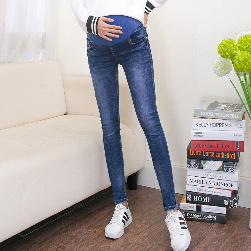 Abdominal jeans til gravide kvinder denim tynde bukser ammende barsel tøj elastisk talje graviditet bukser efterår tøj: Mørkeblå / Xxl