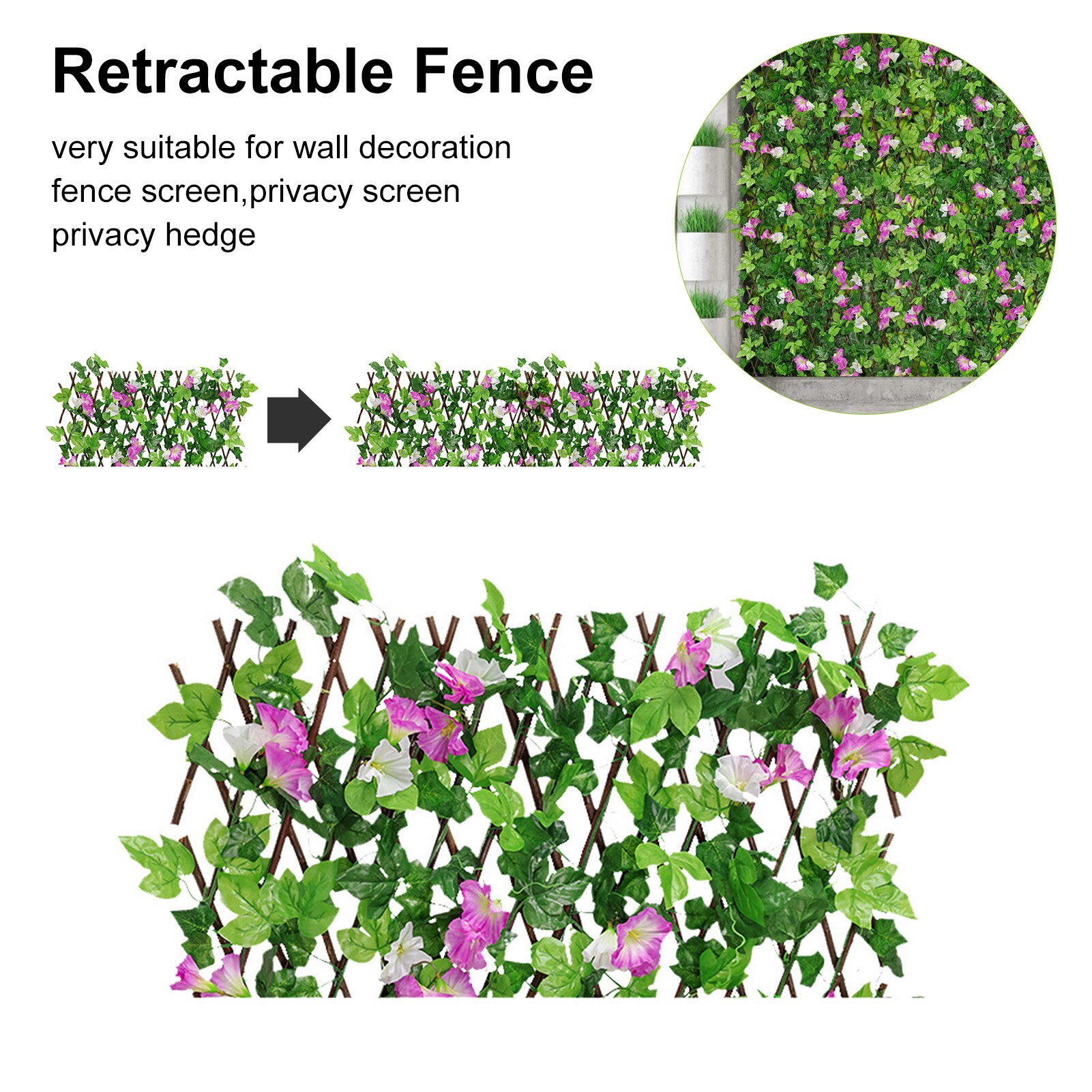 Retractable Flowers Artificial Garden Trellis Fence Expandable Faux Ivy Privacy Fence Wood Vines Climbing Frame Gardening Plant