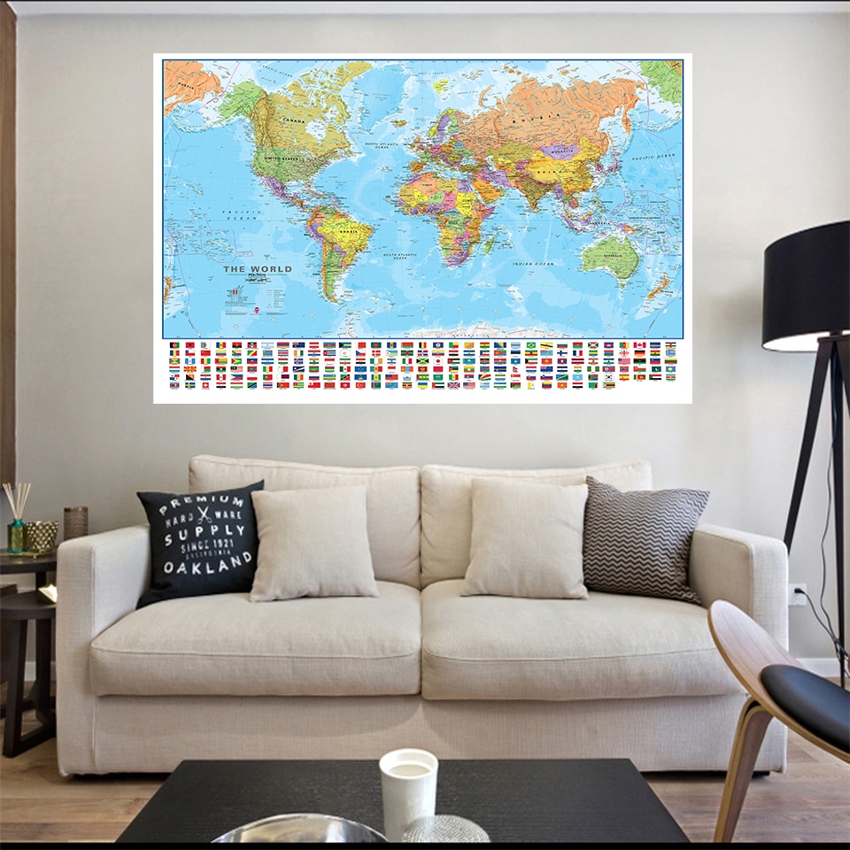 150x100cm The World Political Map with National Flags Foldable Canvas Painting Wall Poster Classroom Home Decor School Supplies