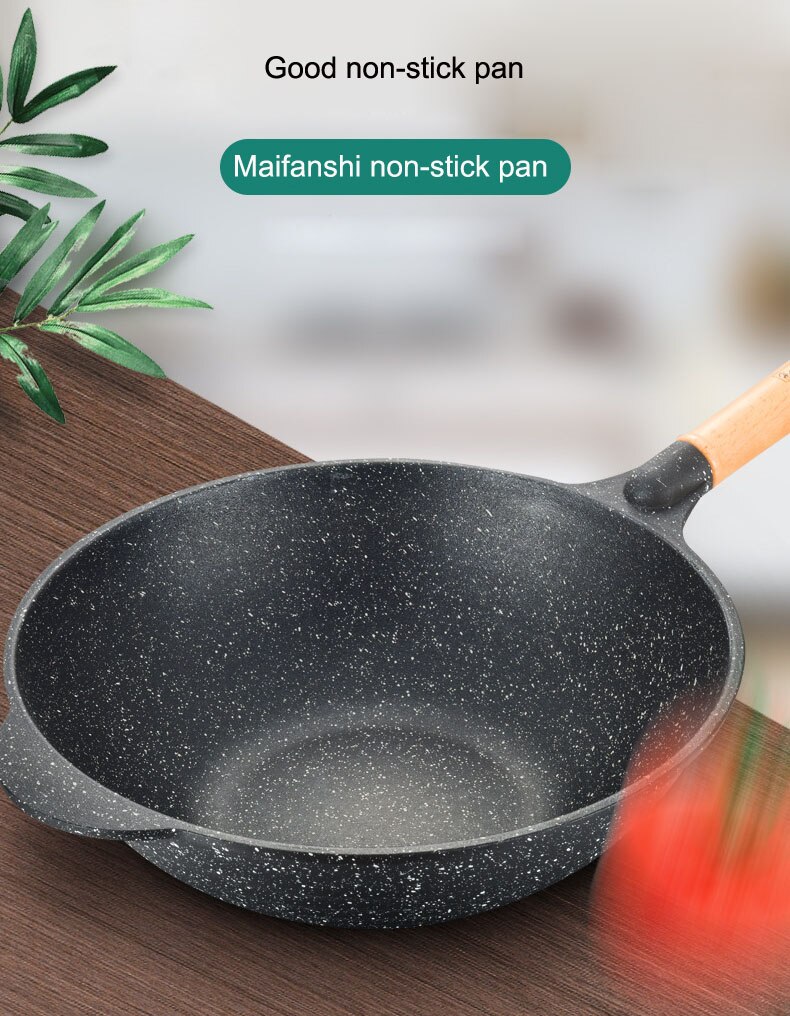 Pan Maifan Stone Wok Anti-aanbak Pan Geen-Rook Inductie Fornuis Gasfornuis 32/34Cm Stirfry Ijzeren Pot koken Pot Keuken Potten Cauldron