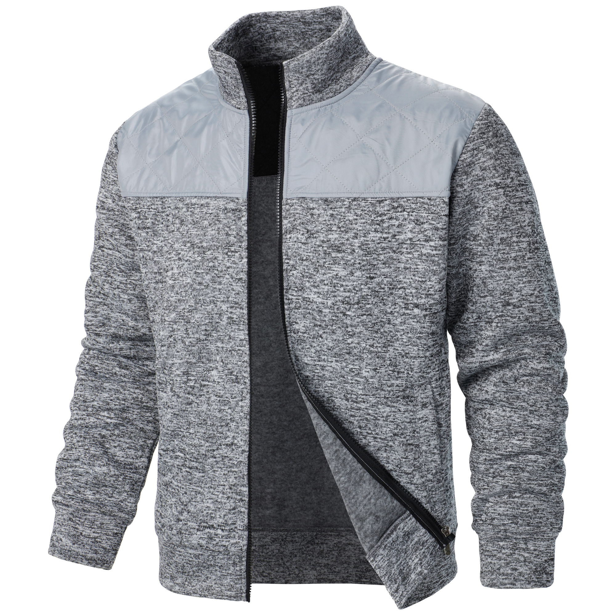 Manteau pull à col montant pour hommes, rayé, à carreaux, avec fermeture éclair, couleur, automne/hiver: M / GRIS