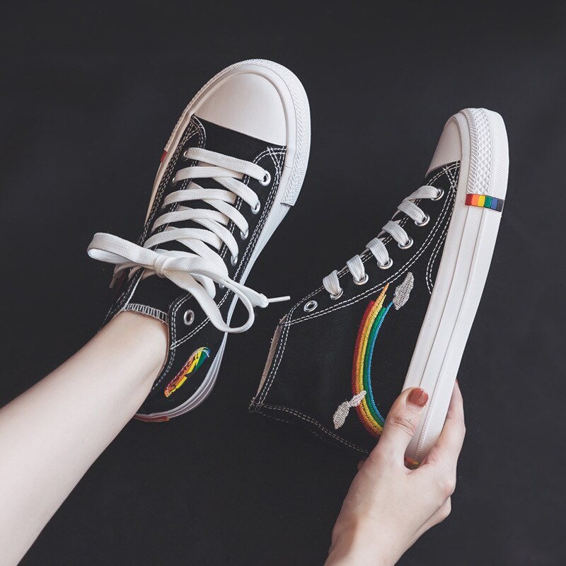 Wit Sneakers Hoge Schoenen Vrouwen Ademend Canvas Regenboog Zool Gevulkaniseerd Schoenen Lopen Jogging Casual Mode Platte Schoenen