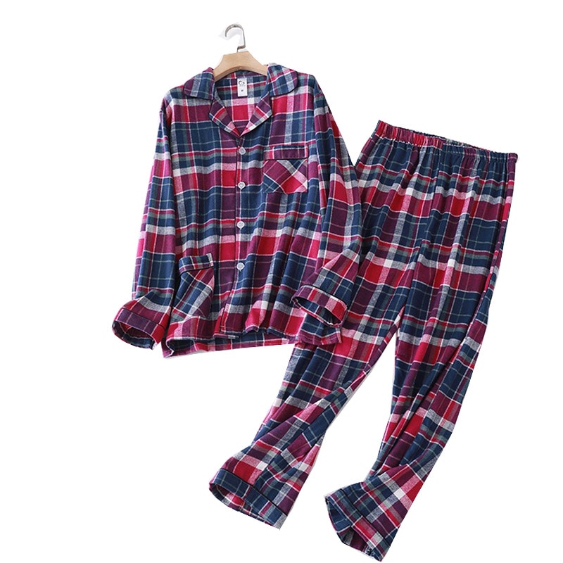 Höst vinter herr rad rutig pyjamas set komfort lös stor storlek nedfällbar krage sovkläder helärm+byxor 2 st hemkläder