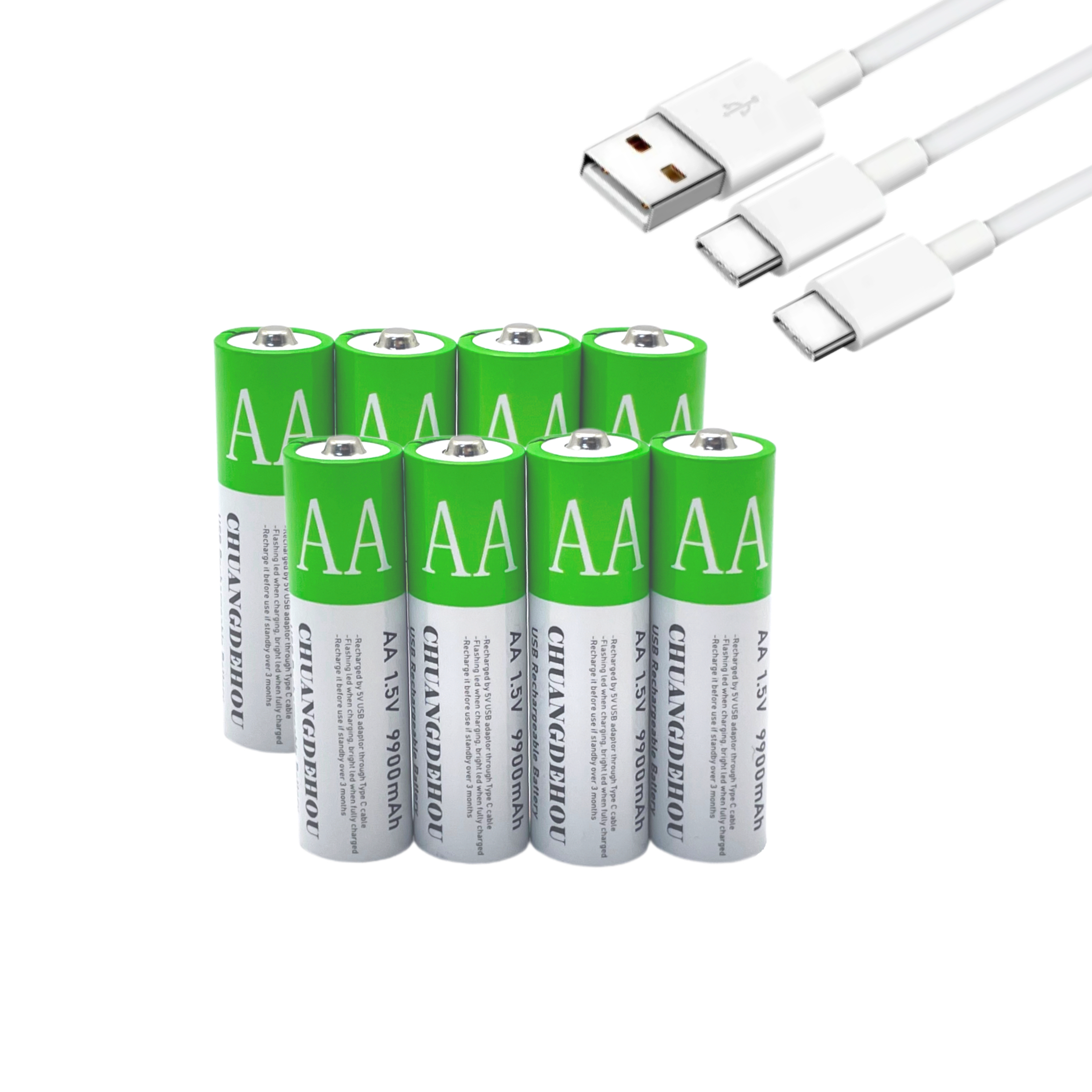 1,5 V Aa/Aaa lithiumbatterij Type-C snel opladen 9900 mAh + 6800 mAh hoge capaciteit groen en wit milieuvriendelijk twee kleuren geschikt voor afstandsbediening/speelgoed/camera/muis (2+2 secties)
