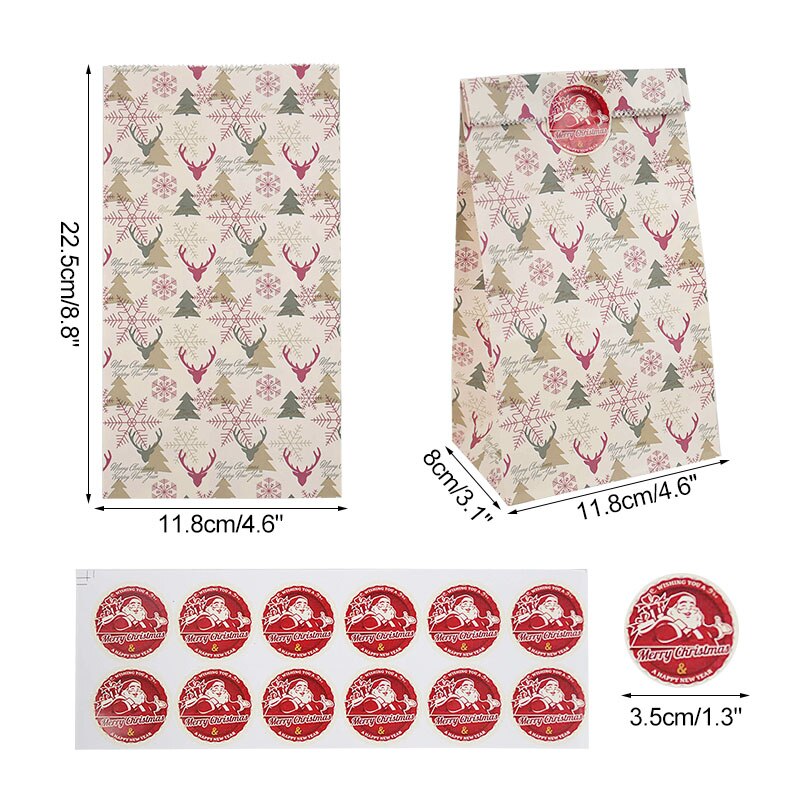 12 Stuks Mix Kraft Papieren Zakken Vrolijk Kerstfeest Treat Candy Bag Met Seal Stickers Voor Bruiloft Verjaardag Xmas party Gunsten