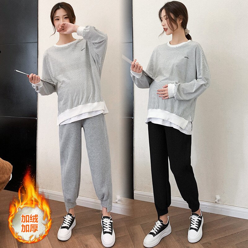 Mallas de maternidad gruesas para mujeres embarazadas, Leggings de cintura ajustable, línea de terciopelo, Ropa de embarazo, pantalones, Ropa Maternal