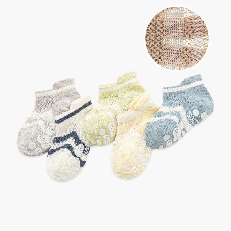 Calcetines tobilleros antideslizantes para bebé, calcetín de algodón suave con empuñaduras de goma, de corte bajo, 5 par/lote: 01 / M(3-5Y)