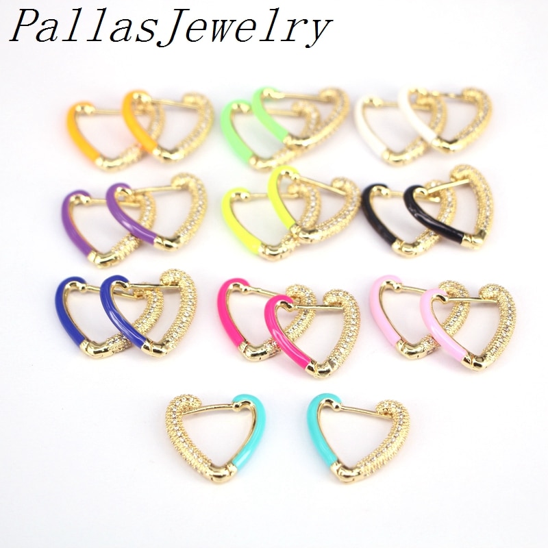 5Pairs Micro Pave Cz Multicolor Enamel Hart Vorm Huggie Hoop Earring, Hart Oorbel In Mix Kleur, party