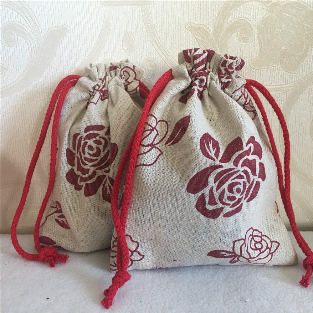 YILE Cotton Linen Drawstring Multi-purpose Pouch Party Bag Red Rose Flower Red String 8201c