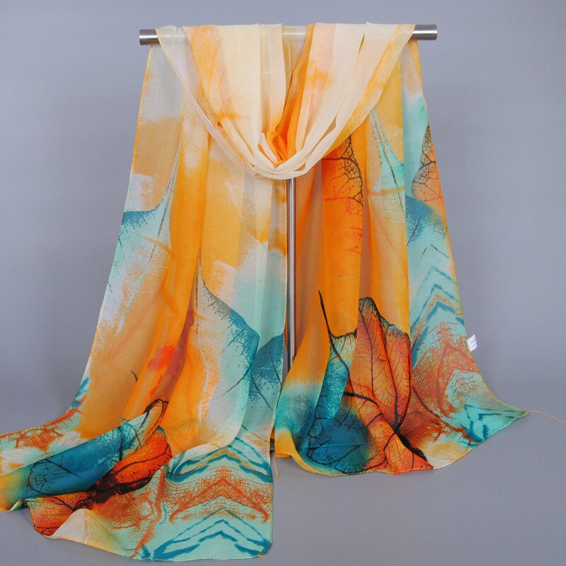 Impressão de folhas florais chiffon cachecol de seda feminino moda de marca chales casuais finos de praia verão efoulard capa hijab