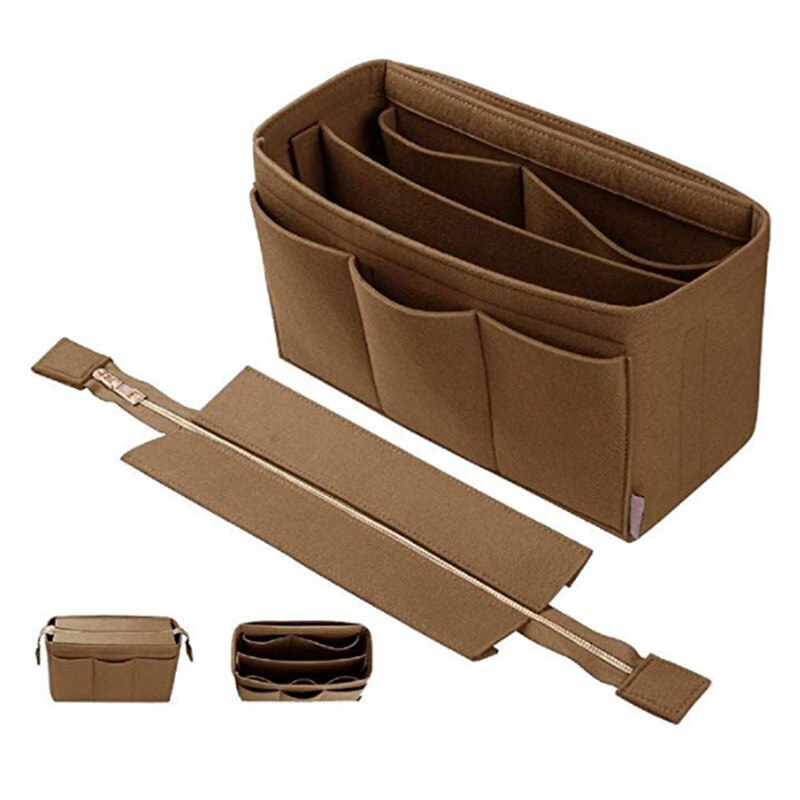 Toilettas voor meisjes, make-uptas van vilt, organizer voor dames, vilten inlegtas voor handtas, multifunctionele reistas voor cosmetica: Bruin
