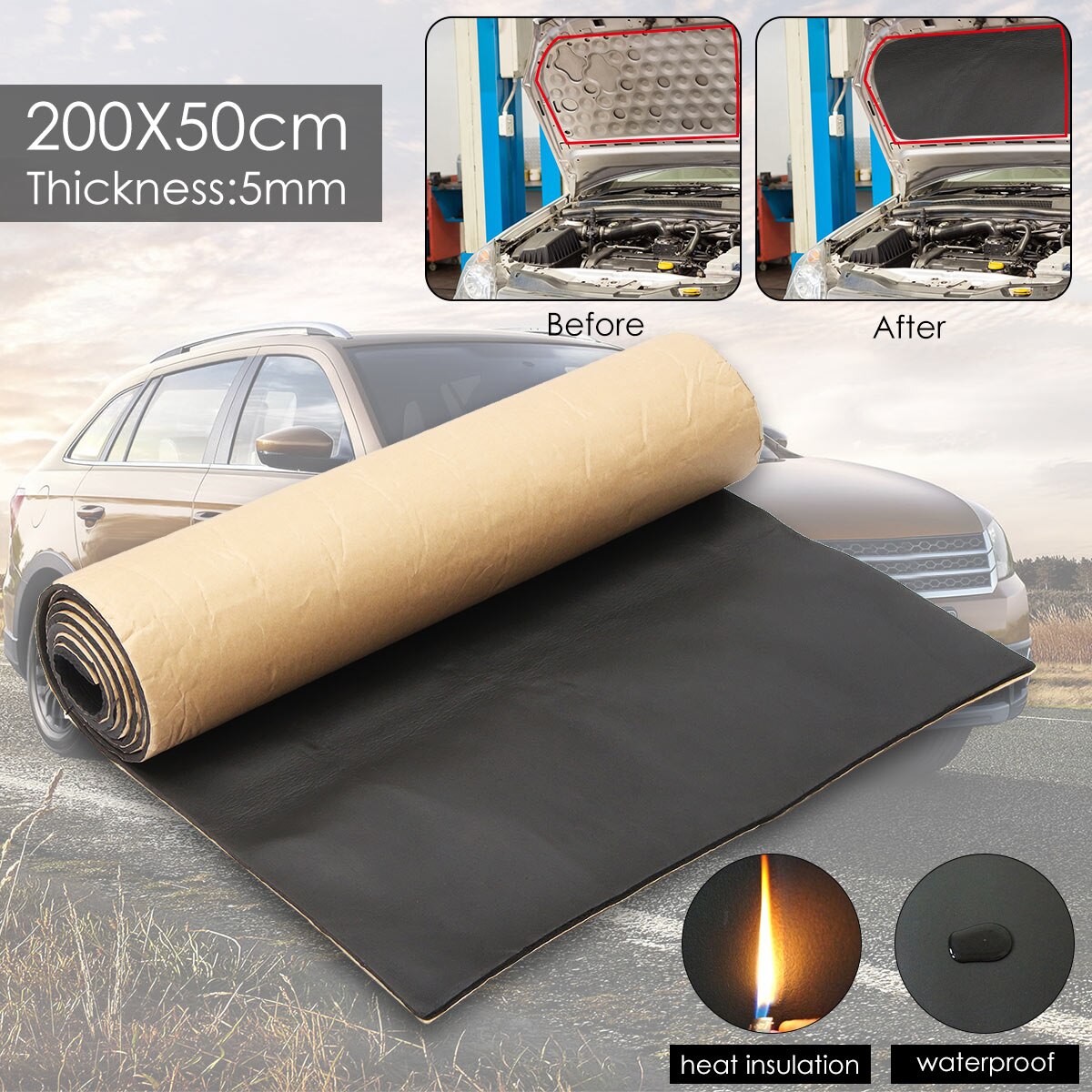 200 x 50cm bils lydisolerende materiale, dæmpende anti-støj lydisolering bomuld varme lukkede celler skum
