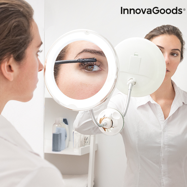 InnovaGoods Espejo de Aumento LED Brazo Flexible Ventosa Mizoom Espejo Maquillaje Espejo Aumento Mirror Espejo Pared