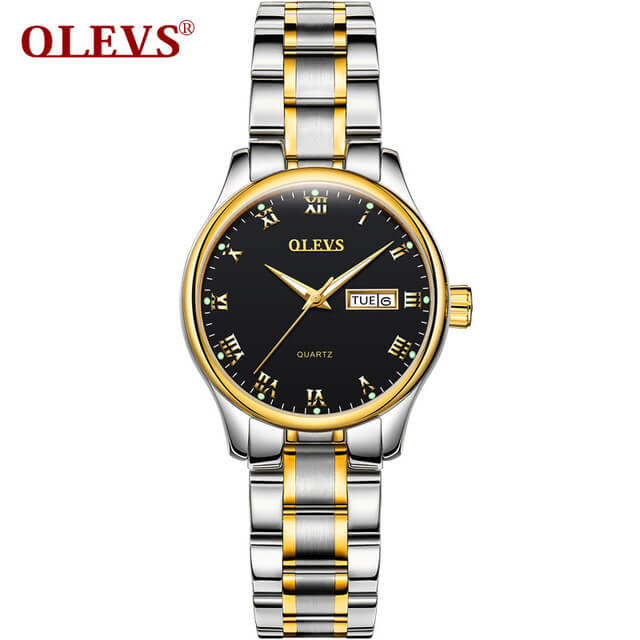 OLEVS Paar Horloge Paar Rvs/Lederen Dames Horloge Datum Lichtgevende Quartz Mannen Horloges Waterdicht Horloge: Women Steel Black