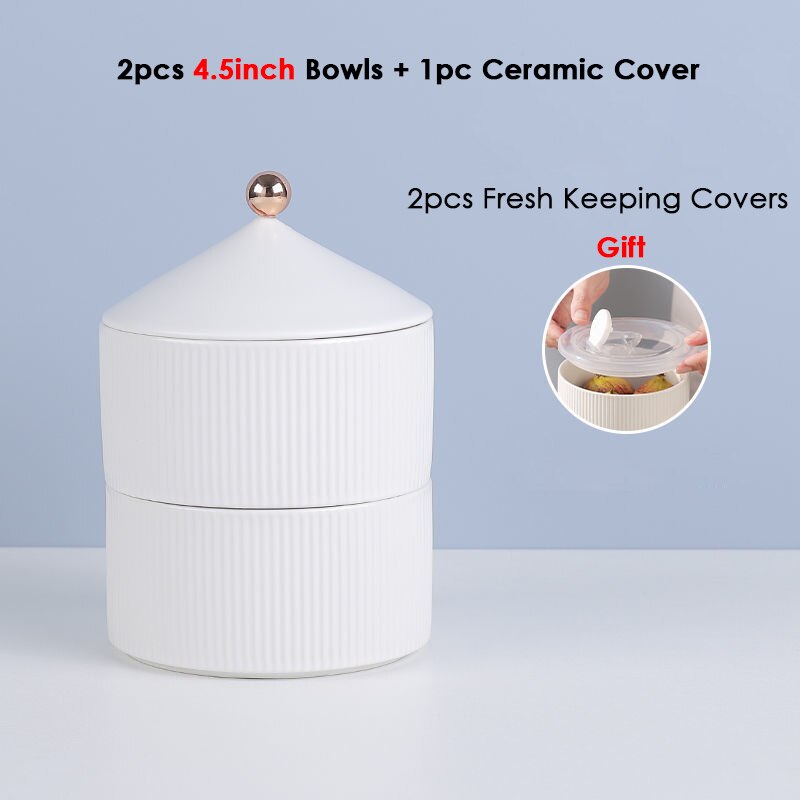 Nordic White Ceramic Bowl with Cover Fruit Snacks Cookies Food Storage Container Serving Dishes Sealed Fresh Keeping Salad Bowls: 4.5 inch 2pcs