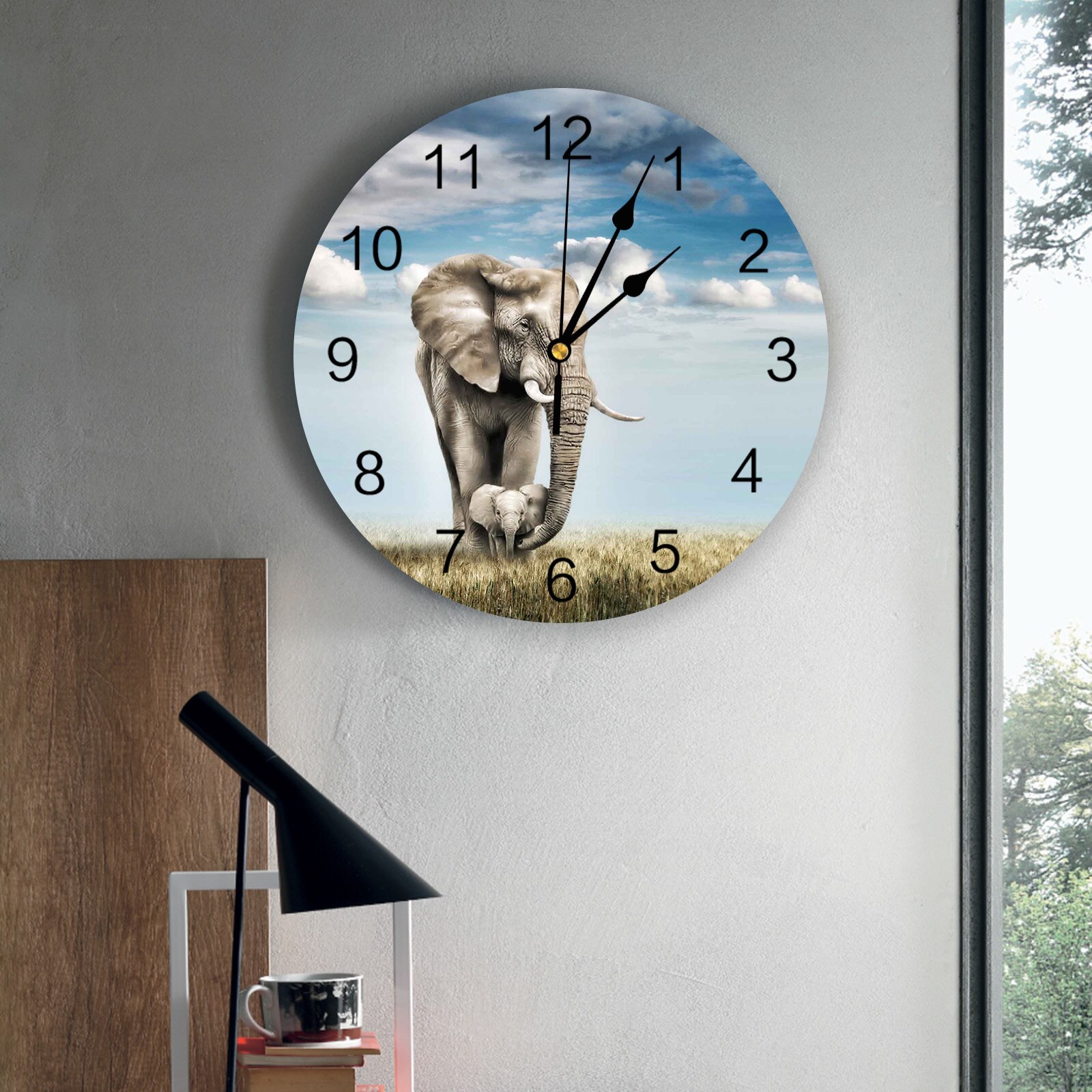 Animal Elephant Grassland Wall Clock Home Decor Bedroom Silent Oclock Watch Wall Digital Clock Wall Clock Modern