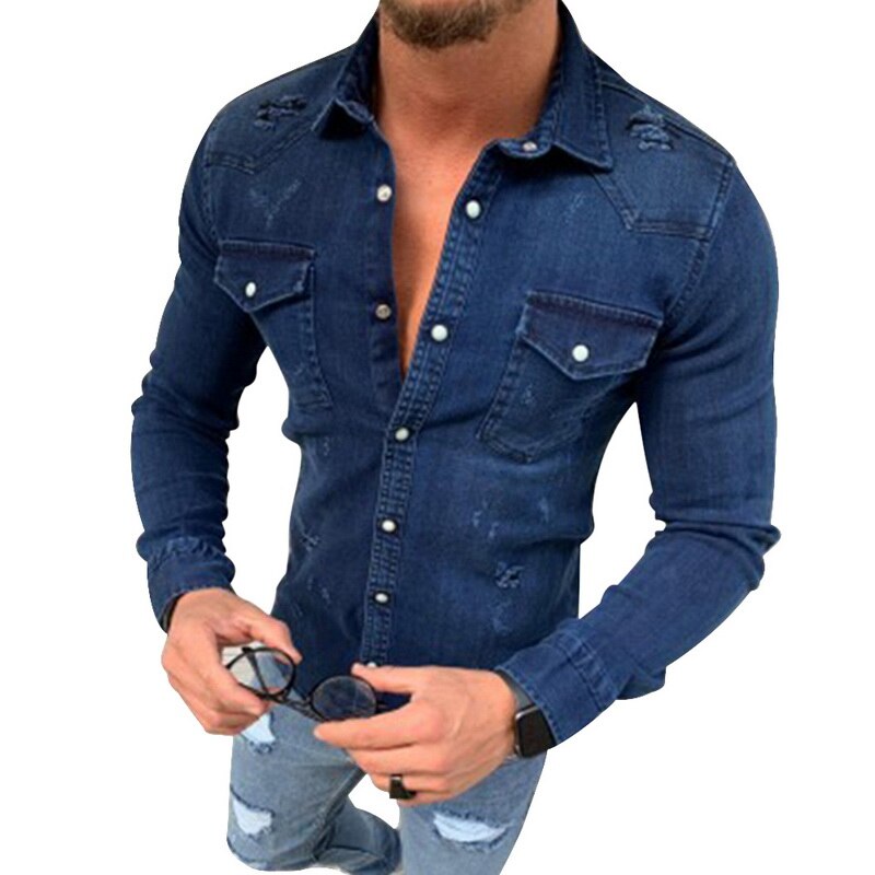 Menn vask denim jeans skjorte høst lange ermer skjorte casual slim denim topper eu str.: Mørkeblå / Asiatisk størrelse l