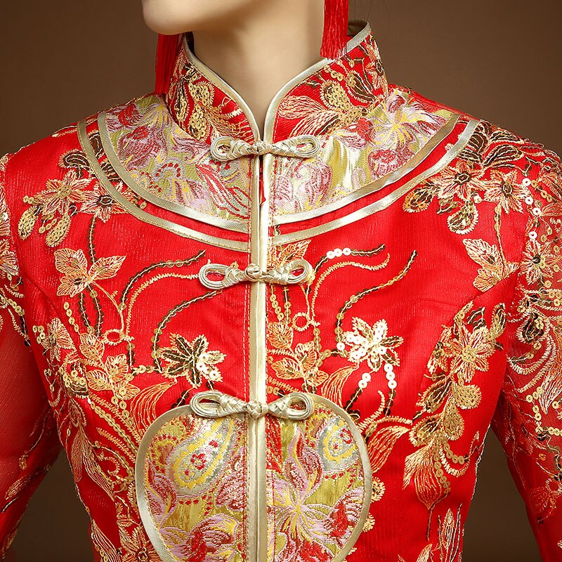 Rode traditionele Chinese stijl Bruid trouwjurken Borduren cheongsam gown robe Party avondjurk trouwen Qipao Vestido S-XXL