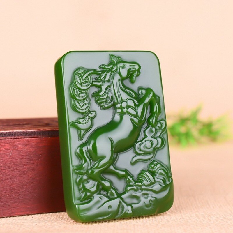 Zodiac Horse Green Jade Pendant Necklace Chinese Hand-Carved Natural Charm Jewelry Amulet Accessories for Men Women