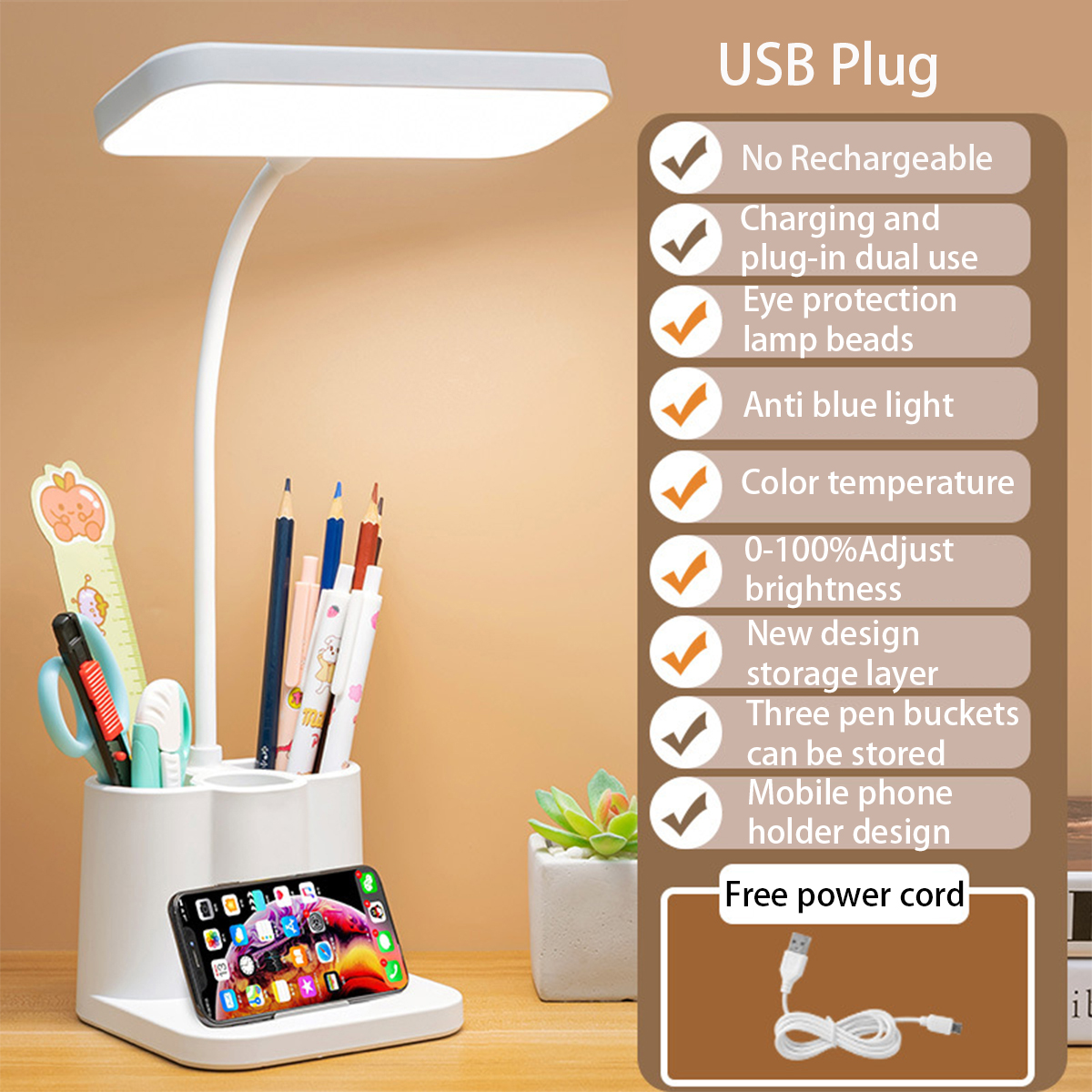 Lâmpada de mesa led usb plug recarregável toque lâmpada 3 modos escurecimento proteção para os olhos estudante leitura luz da noite lâmpada cabeceira: Bege