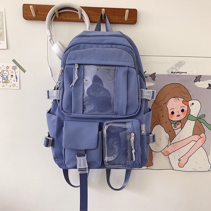 Solid Color Waterproof Nylon Women Backpack Female Multi-pocket Insert Buckle Travel Bag Girls Transparent Pocket Schoolbag: blue / With pendant