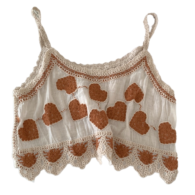 Camisola Vintage de lino y algodón para mujer, Top corto con tirantes finos y bordado de corazón a rayas, chaleco de ganchillo para playa: Negro