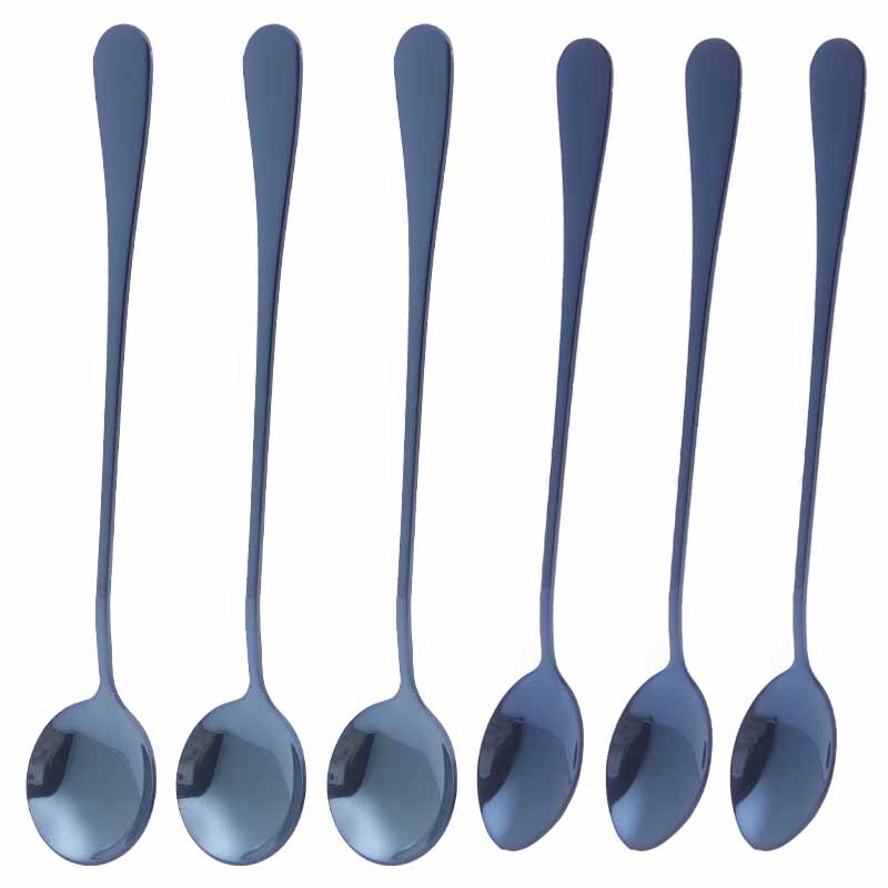 19.5cm Stainless Steel Round Head Spoon Rainbow Coffee Mixing Spoon Set Cold Drink Colorful Dessert Ice Spoon Flatware 6pcs/set: deep blue