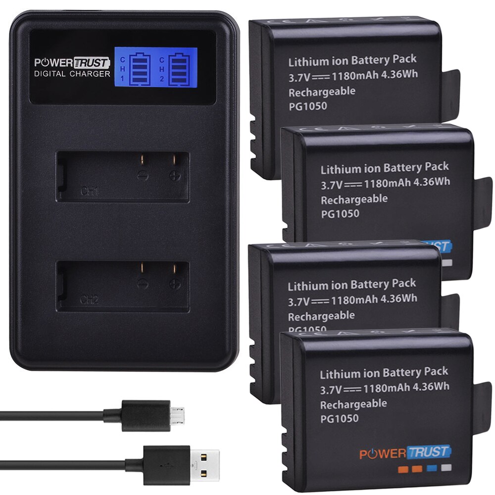 4x PG1050 1180mAh baterías + LCD cargador de batería con USB doble para SJCAM SJ4000 M10 SJ5000 SJ5000X para EKEN H9 H9R H8R H8 GIT PG900: 4Battery and Charger