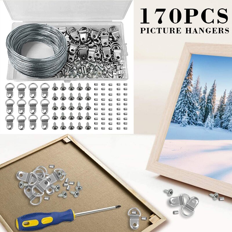 170 stuks schilderijhangers d-ring fotolijst ophanghaak crimpbuis schroef met 30m ophangdraden olieverfschilderij spiegellijst decoratie