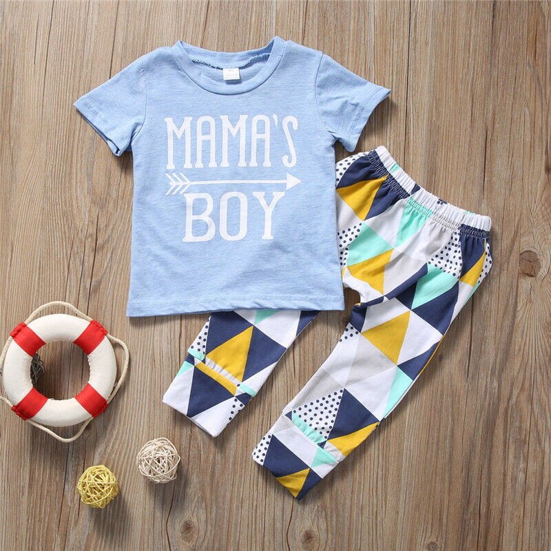 Sommer 2 stk outfit småbørnetøjssæt baby drengetøj nyfødt kortærmet bomuldst-shirt toppe + geometrisk buks