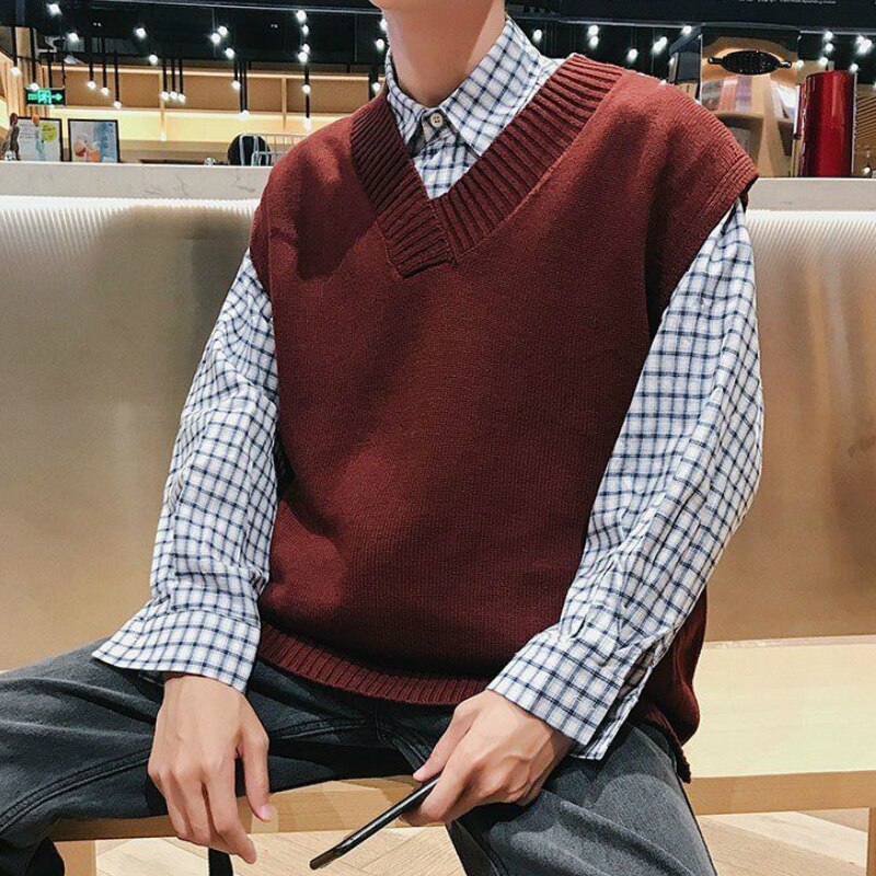 Sweater Vest Men V-neck Sleeveless Solid Simple All-match Leisure Mens Knitted Vests 2XL Oversize Chic Preppy Style Daily