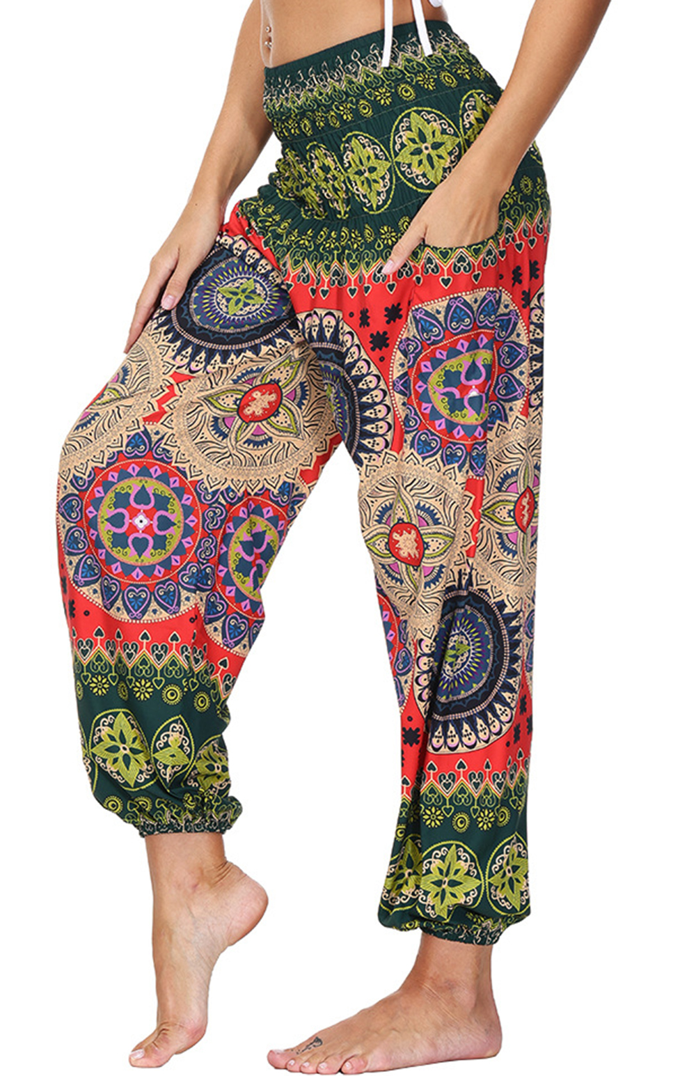 Pantaloni da donna Harem pantaloni da Yoga indiani bohémien a vita alta Smocked pantaloni larghi Boho Hippie con tasche