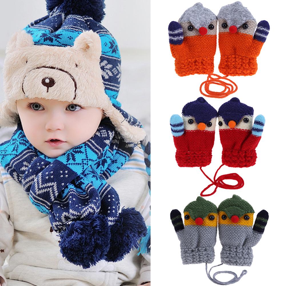 Inverno de malha crianças luvas bonito dos desenhos animados pássaro quente macio crianças luvas criança dedo cheio do bebê meninos meninas mittens