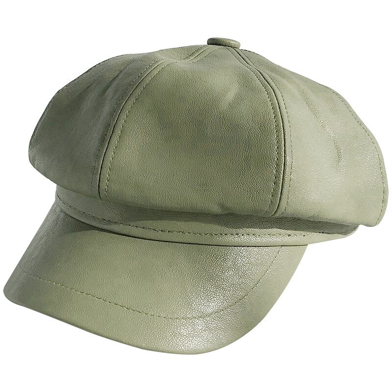 Groene Winter Achthoekige Cap Meisjes Baret Hoeden Voor Vrouwen Hoeden Krantenverkoper Cap Vrouwelijke Britse stijl PU Lederen Baretten Hoed voor straat