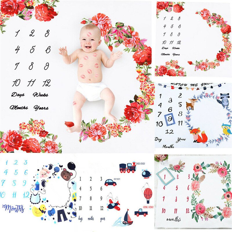 Newborn Baby Infants Milestone Blanket Mat Photography Prop Monthly Growth Floral Cartoon Print