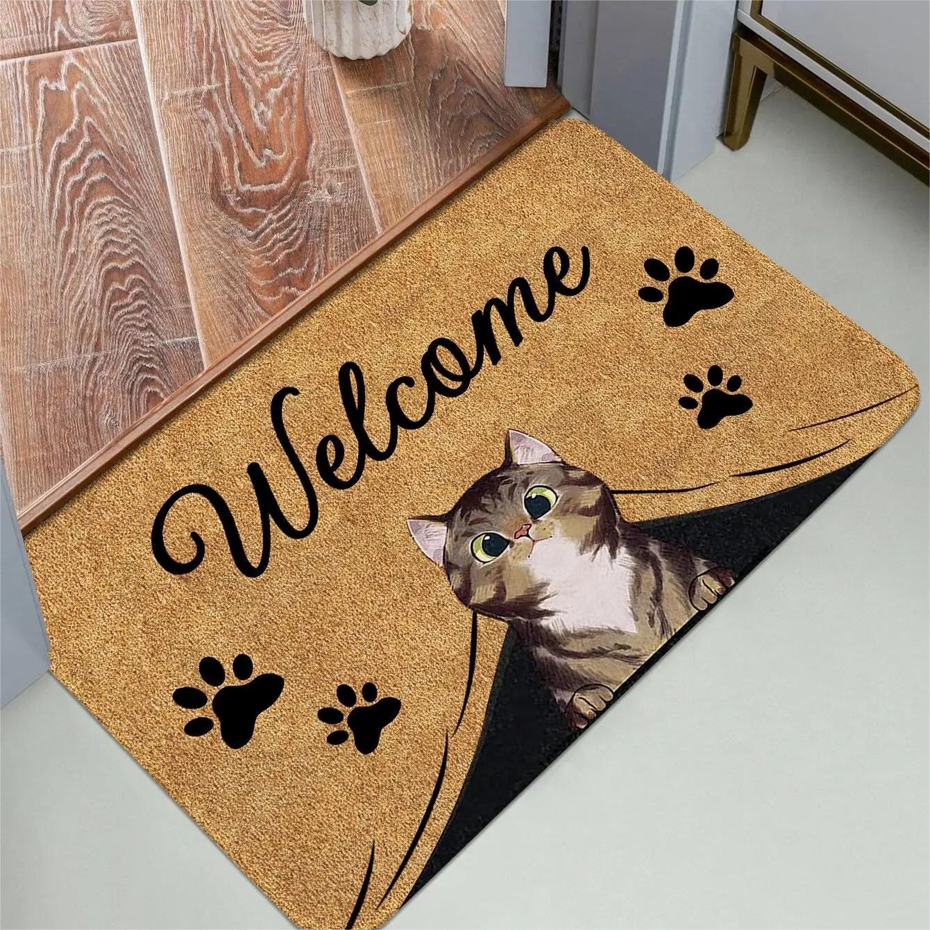 Alfombrilla antideslizante con patrón de gato para puerta de entrada, Felpudo de bienvenida para baño y cocina, alfombra lavable para dormitorio, decoración del hogar, alfombra pequeña: 40cmX60cm / Púrpura