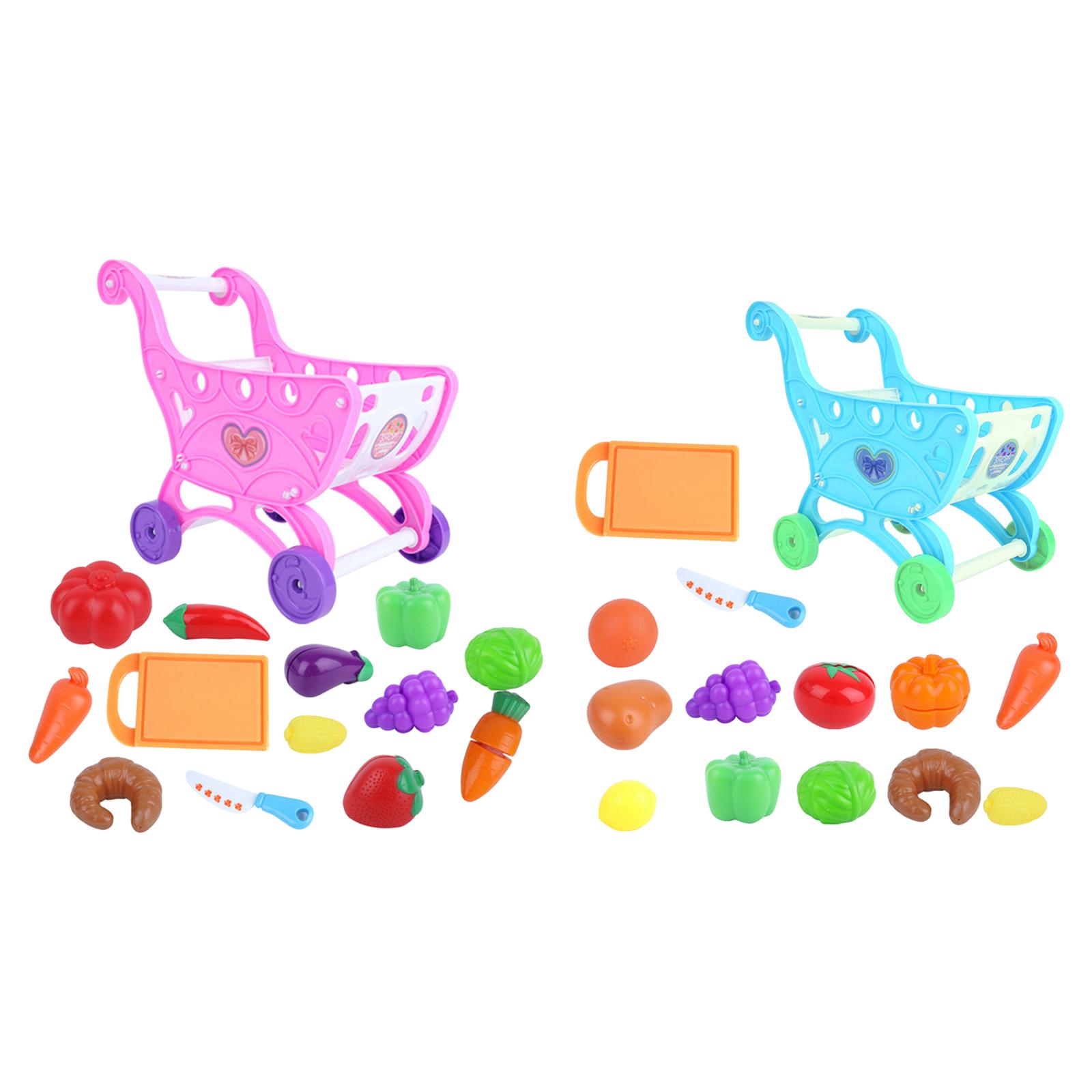 14Pcs/Set Shopping Trolley Cart Supermarket Trolley Basket Mini Simulation Fruit Food Imaginative Play