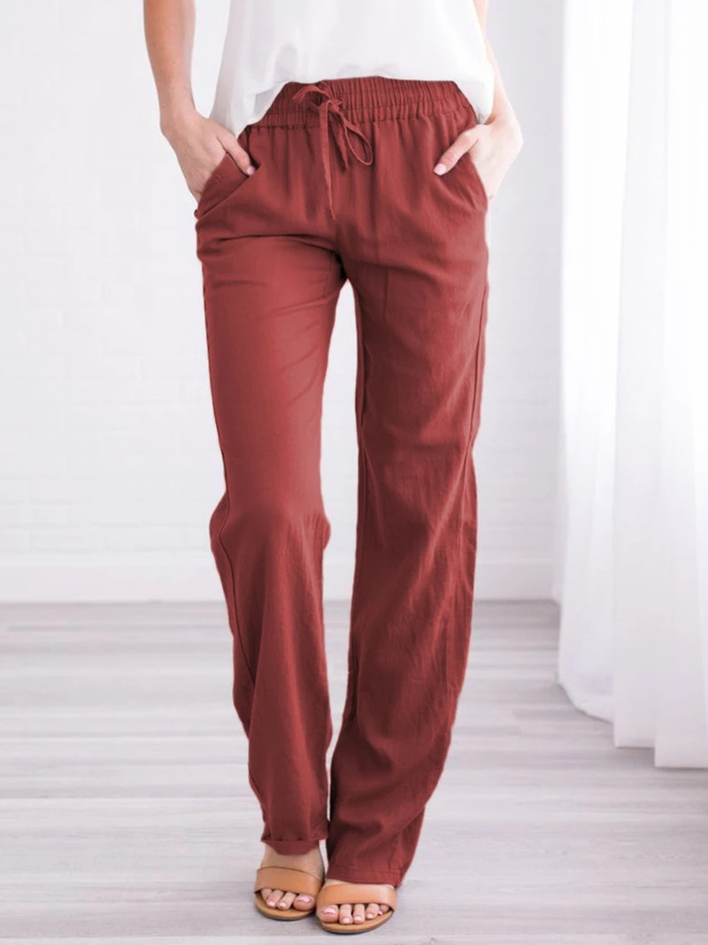 Spring/Summer Women's European and American Solid Cotton Hemp Drawstring Loose Relaxed Wide Leg Pants