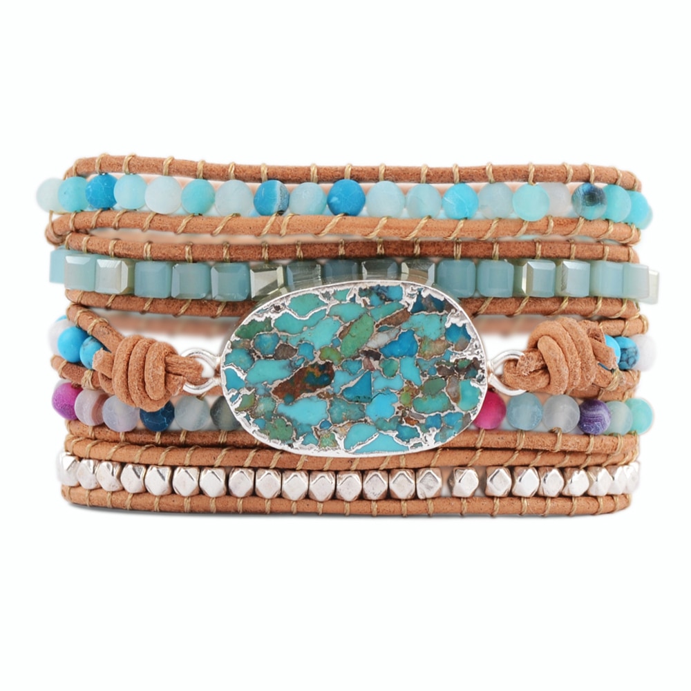 Unieke Gemengde Vergulde Stenen Charm 5 Strengen Wrap Armbanden Handgemaakte Turkoois Boho Armband Vrouwen Lederen Armband: Silver-Plated
