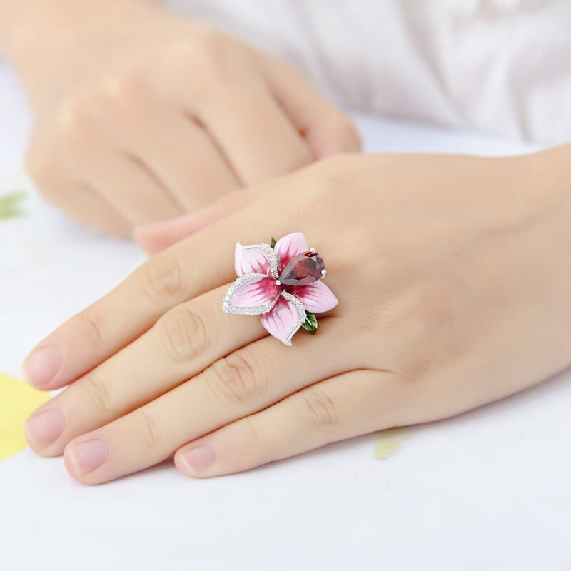 Rosa rosa flor anel feminino strass anéis de casamento para mulheres vintage jóias dedo anel feminino boho festa grandes anéis senhoras
