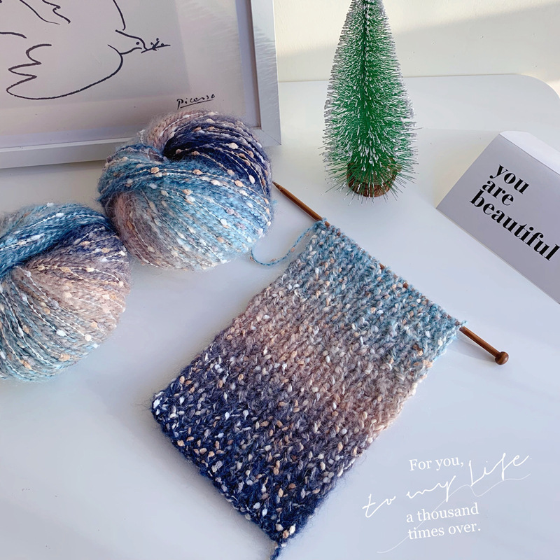 Hand Woven Gradient Color Segmented Dyeing Gradient Wool Hat Sweater Scarf Mohair Wool