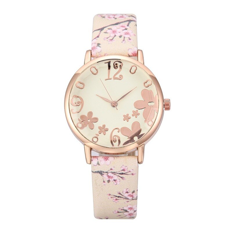 Vrouwen Mode Reliëf Bloemen Kleine Verse Gedrukt Riem Student Quartz Horloge Montre Femme Reloj Mujer