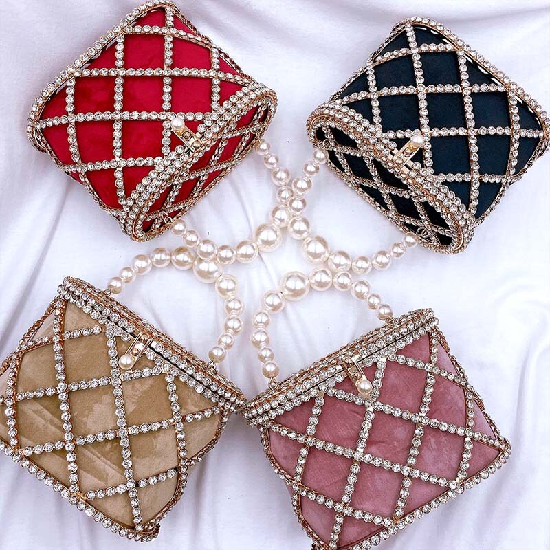 Diamant Emmer Tas Avond Clutch Bags Vrouwen Luxe Hollow Out Preal Kralen Metallic Kooi Handtassen Dames Wedding Party Purse