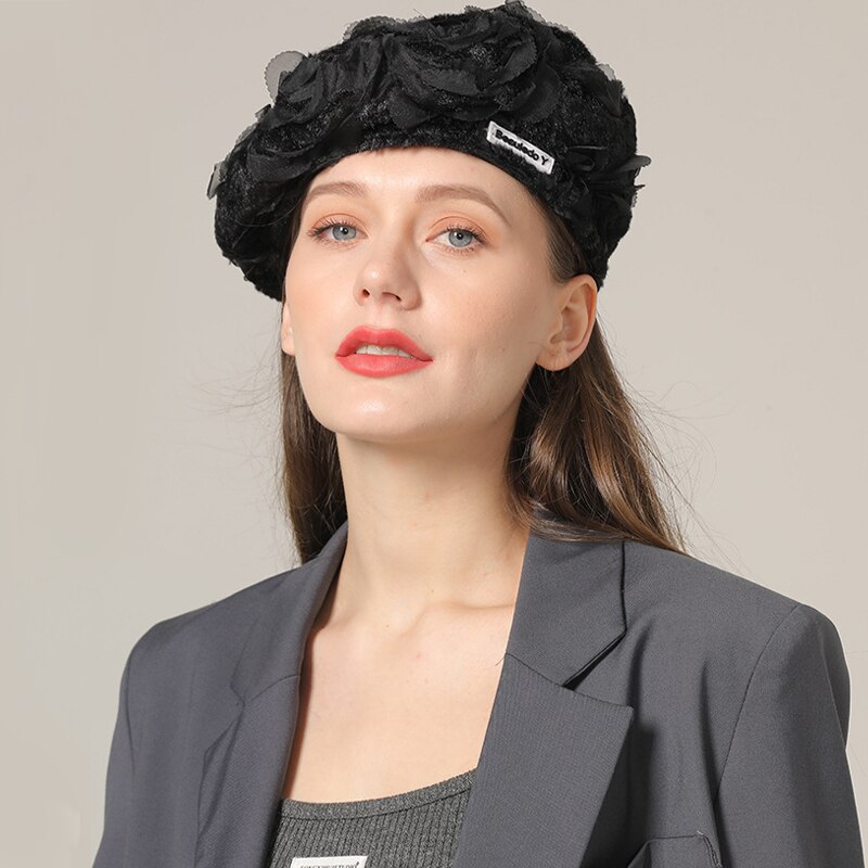 Boina de pelo de conejo para mujer, gorro de pintor negro, informal, para boda, Otoño e Invierno