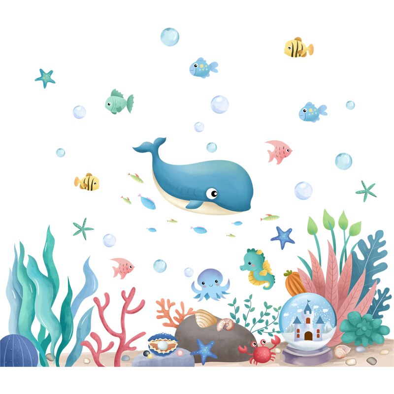 Submarine Coral Clusters Plants Wall Sticker DIY Whale Fish Wall Decals for Kids Room Baby Bedroom Bathroom House Decoration