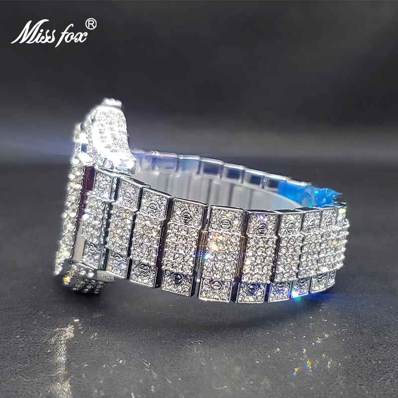 MISSFOX-Grande montre de luxe pour hommes, entièrement en diamant, style hip hop de rue, montres à quartz avec calendrier, directe