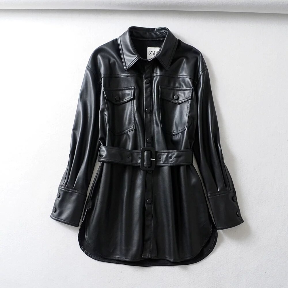 Nero Faux Delle Donne giacca di pelle Sottile DELL&#39;UNITÀ di elaborazione di Giubbotti Donne Elegante Della Cinghia del Legame Della Vita biker giacca Femminile cappotto di pelle pieno inverno