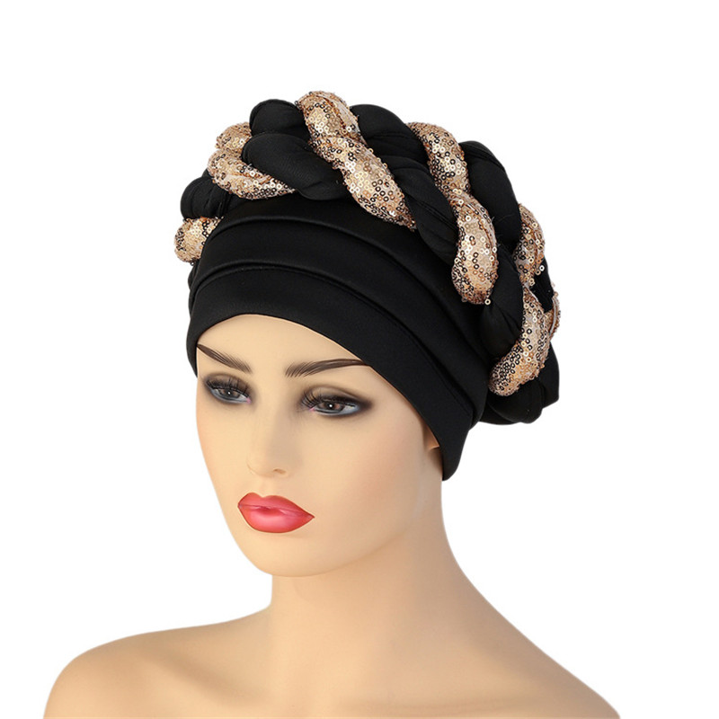Gorro turbante trenzado de lentejuelas para mujer, tocado africano autogele